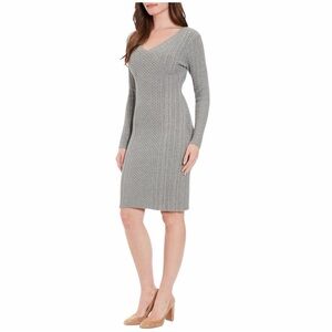 NWT London Times XL Gray Cable-Knit Fisherman Stitch V-Neck Sweater Dress
